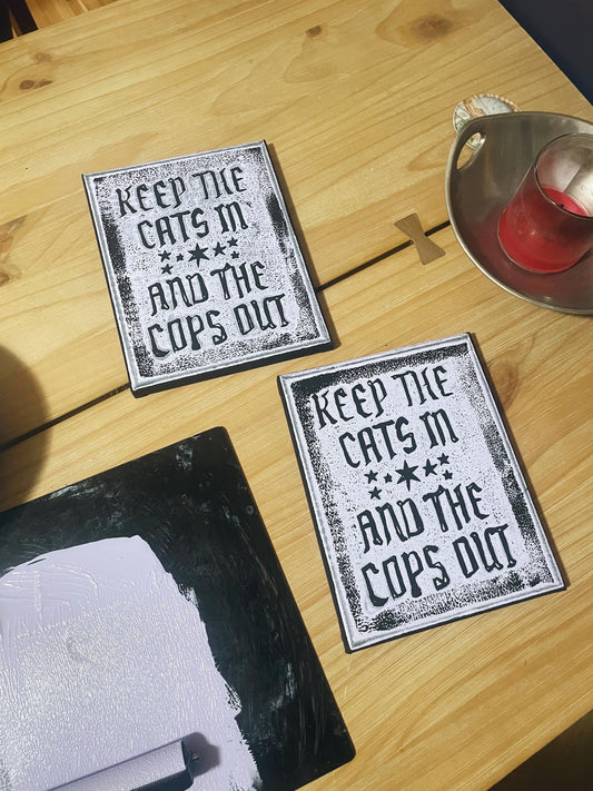 Keep the Cats In and Cops Out Block Print • Lavender on Black Canvas • Leftist Art • Liberation Art • Queer Art Gift • Cat Gift Linocut Art