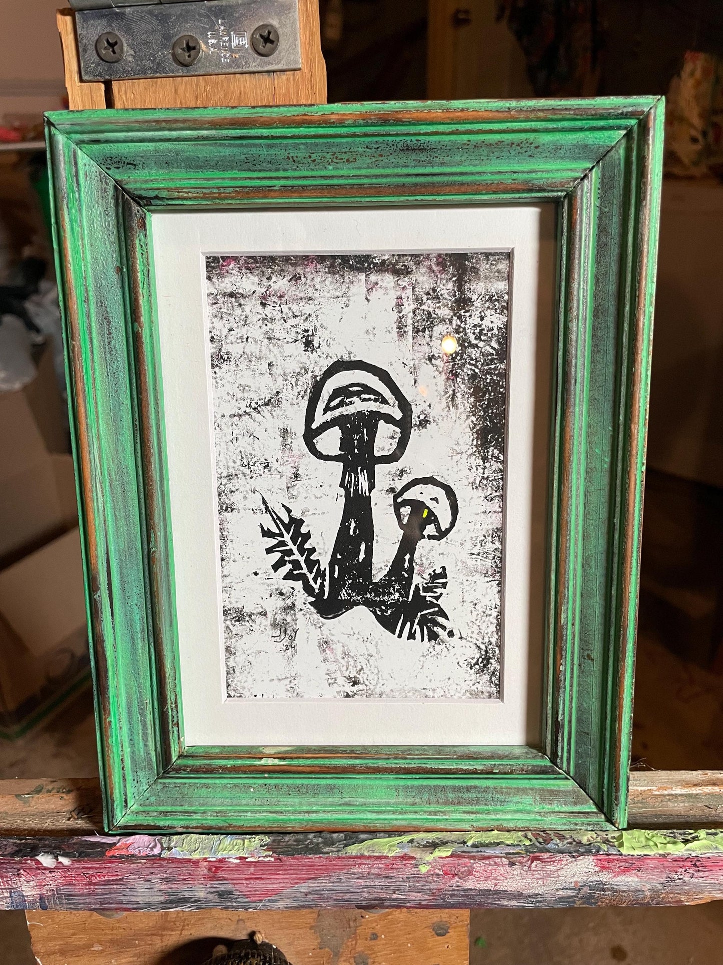 Framed Mushroom Blockprint • Green Upcycled Custom Frame • Fall Mushroom Wall Art • Nature Wall Art