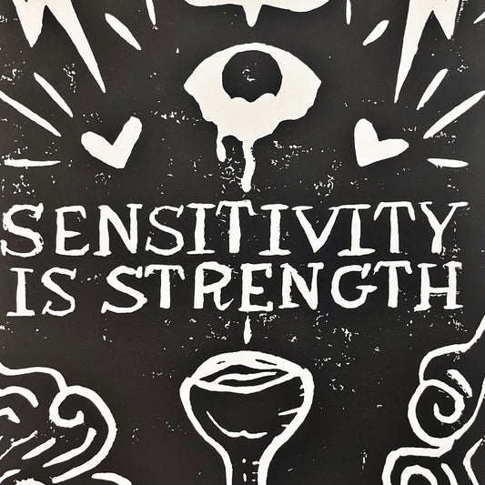 Sensitivity Is Strength Linocut Print • 8x10 Black On White • Ace of Cups Tarot Art • Block Print • Queer Divinity Series