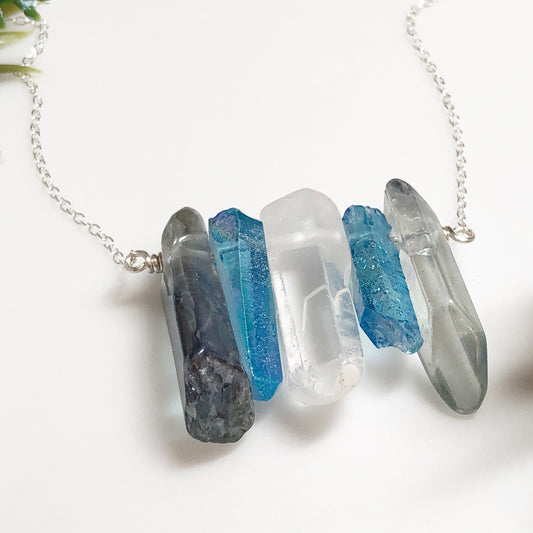 Demi-Boy Pride Flag Crystal Necklace • Grey Blue White Quartz • Solid Sterling Silver Chain • LGBTQ Jewelry • Queer Babe • Enby Transgender