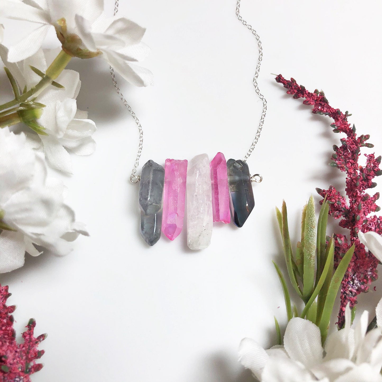 Demi-Girl Pride Flag Crystal Necklace • Grey Blue White Quartz • Solid Sterling Silver Chain • LGBTQ Jewelry • Queer Babe • Enby Transgender