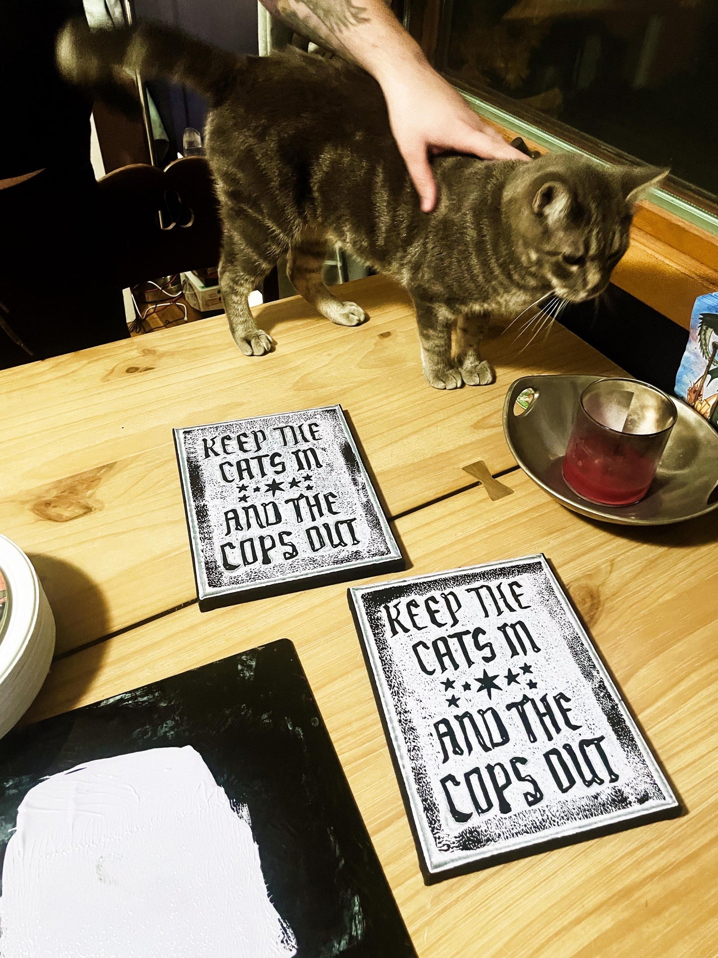 Keep the Cats In and Cops Out Block Print • Lavender on Black Canvas • Leftist Art • Liberation Art • Queer Art Gift • Cat Gift Linocut Art