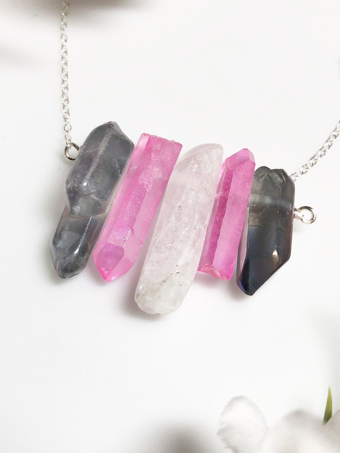 Demi-Girl Pride Flag Crystal Necklace • Grey Blue White Quartz • Solid Sterling Silver Chain • LGBTQ Jewelry • Queer Babe • Enby Transgender