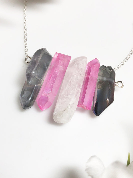 Demi-Girl Pride Flag Crystal Necklace • Grey Blue White Quartz • Solid Sterling Silver Chain • LGBTQ Jewelry • Queer Babe • Enby Transgender