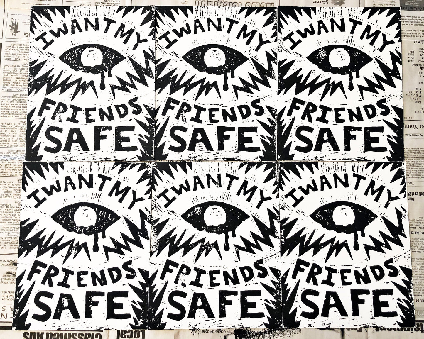 I Want My Friends Safe Linocut Print • 8x10 Black On White • Queer Art Print • Queer Divinity Series