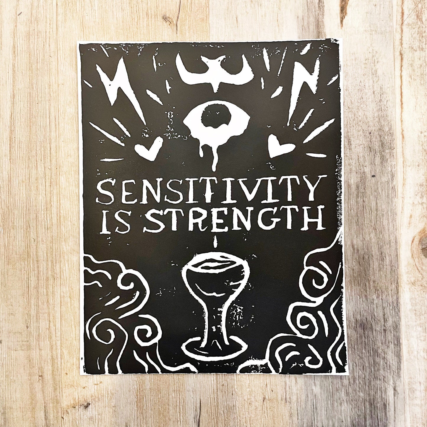 Sensitivity Is Strength Linocut Print • 8x10 Black On White • Ace of Cups Tarot Art • Block Print • Queer Divinity Series