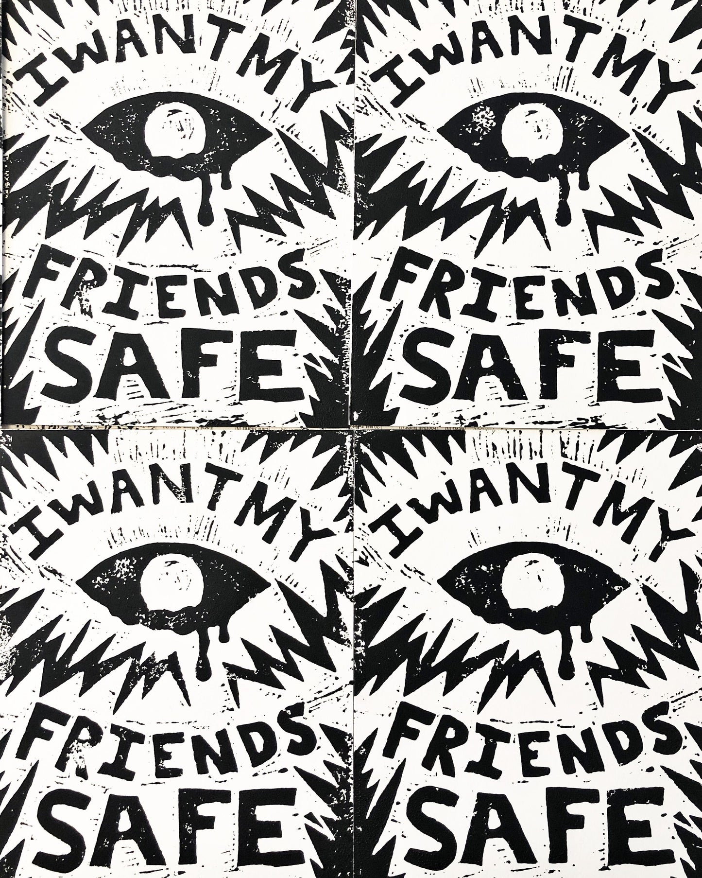 I Want My Friends Safe Linocut Print • 8x10 Black On White • Queer Art Print • Queer Divinity Series
