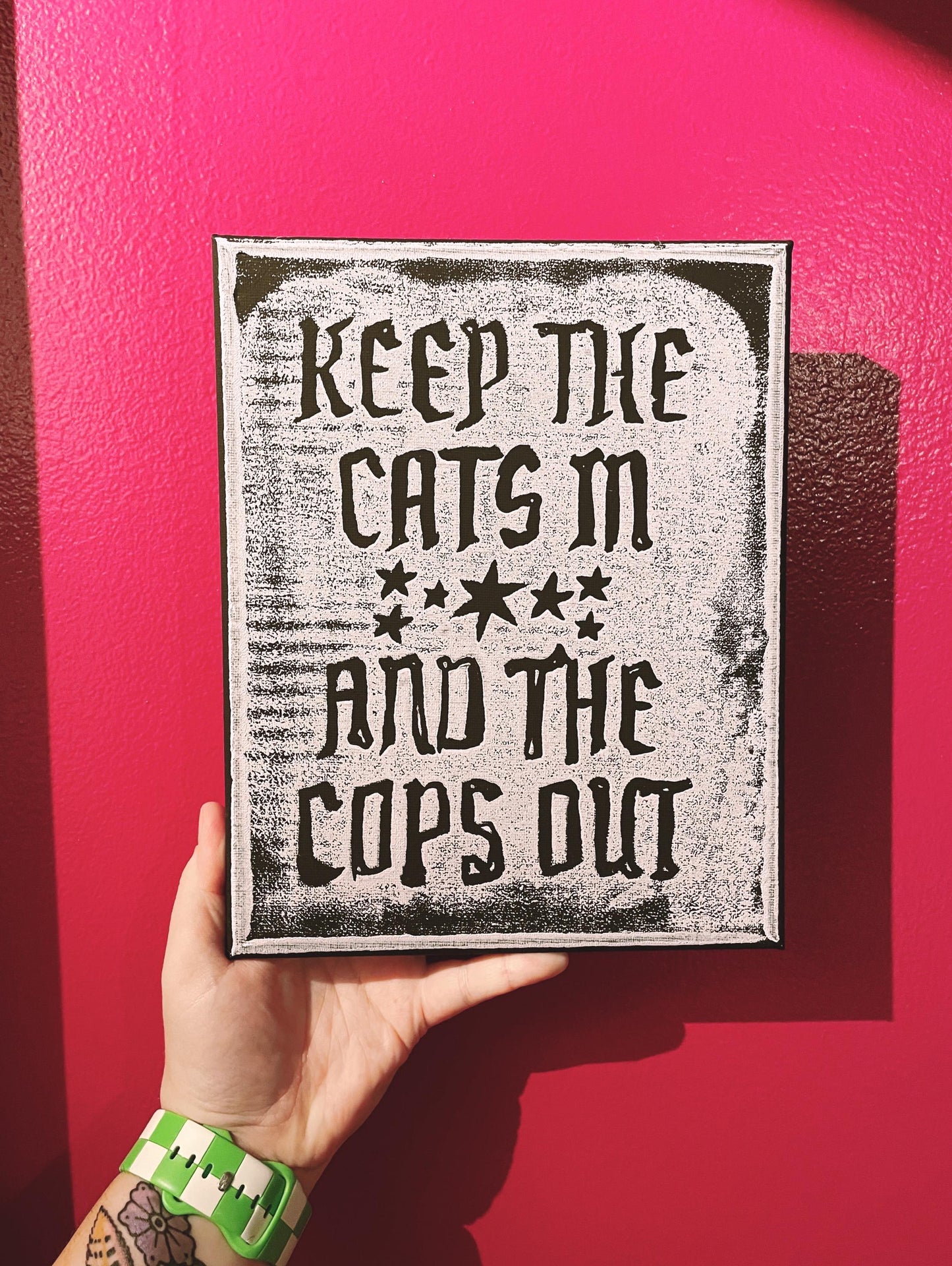 Keep the Cats In and Cops Out Block Print • Lavender on Black Canvas • Leftist Art • Liberation Art • Queer Art Gift • Cat Gift Linocut Art