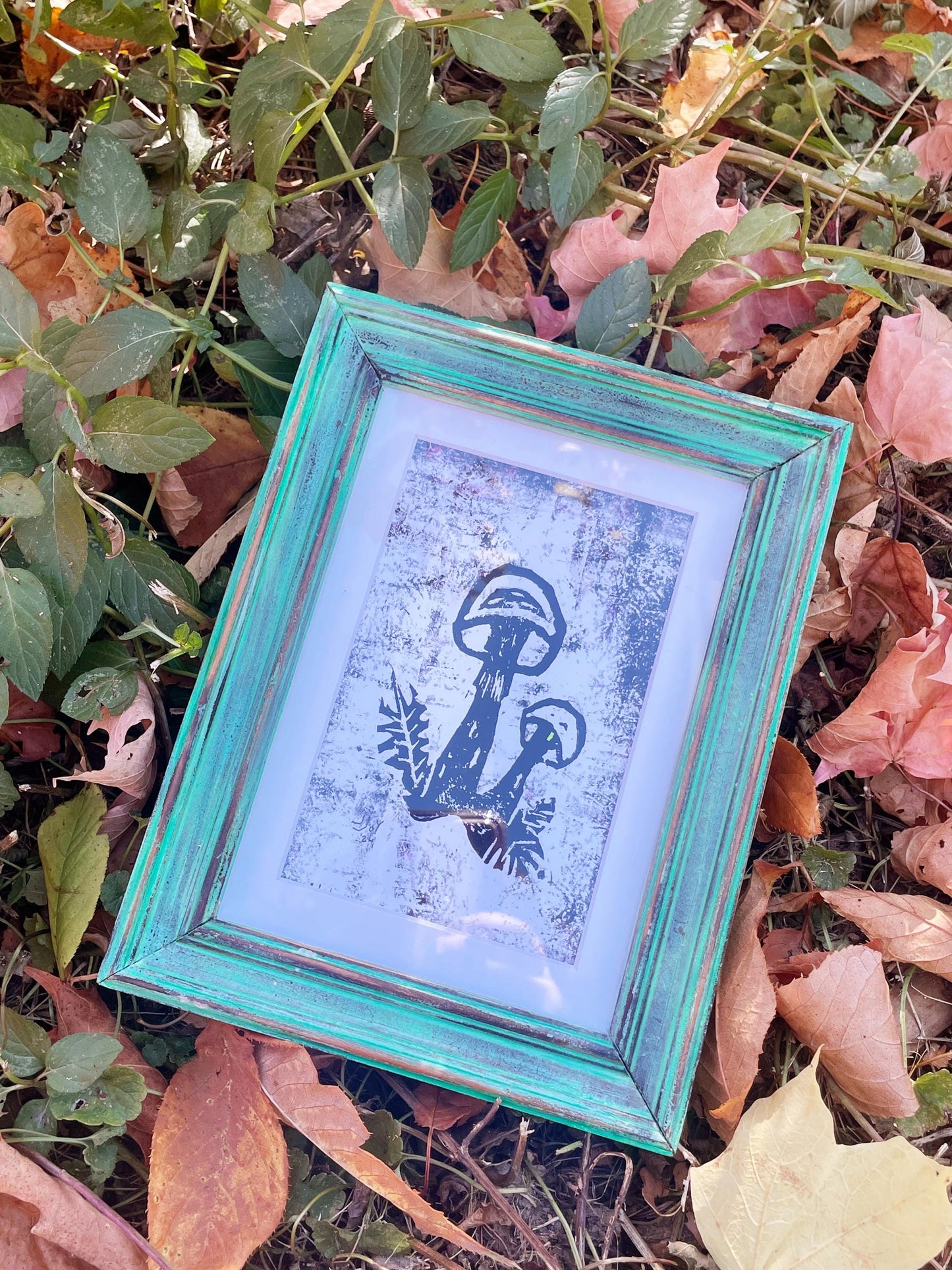 Framed Mushroom Blockprint • Green Upcycled Custom Frame • Fall Mushroom Wall Art • Nature Wall Art