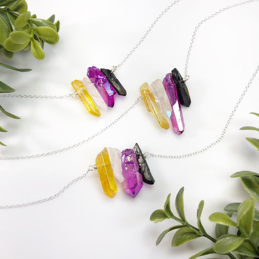 Non-Binary Pride Flag Crystal Necklace • Purple White Yellow Quartz • Solid Sterling Silver Chain • LGBTQ Jewelry • Queer Babe • Transgender