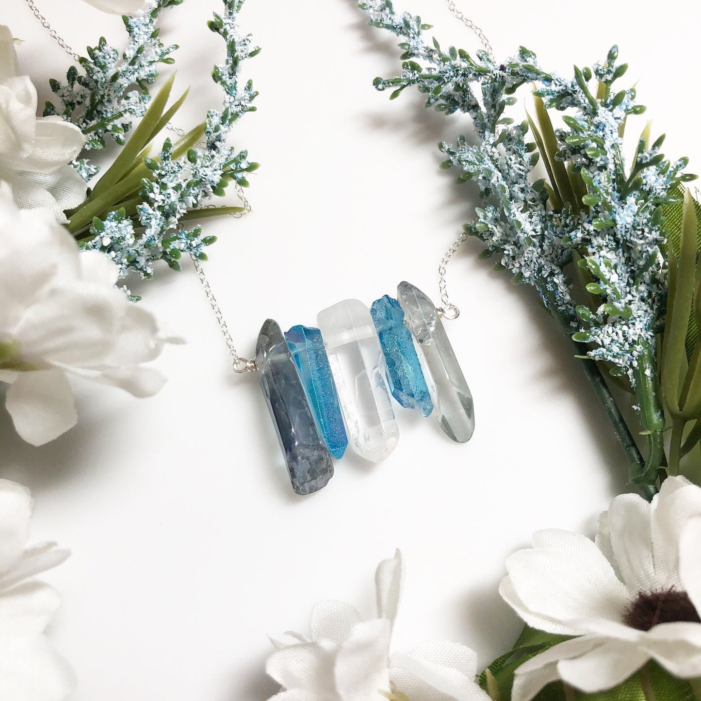 Demi-Boy Pride Flag Crystal Necklace • Grey Blue White Quartz • Solid Sterling Silver Chain • LGBTQ Jewelry • Queer Babe • Enby Transgender