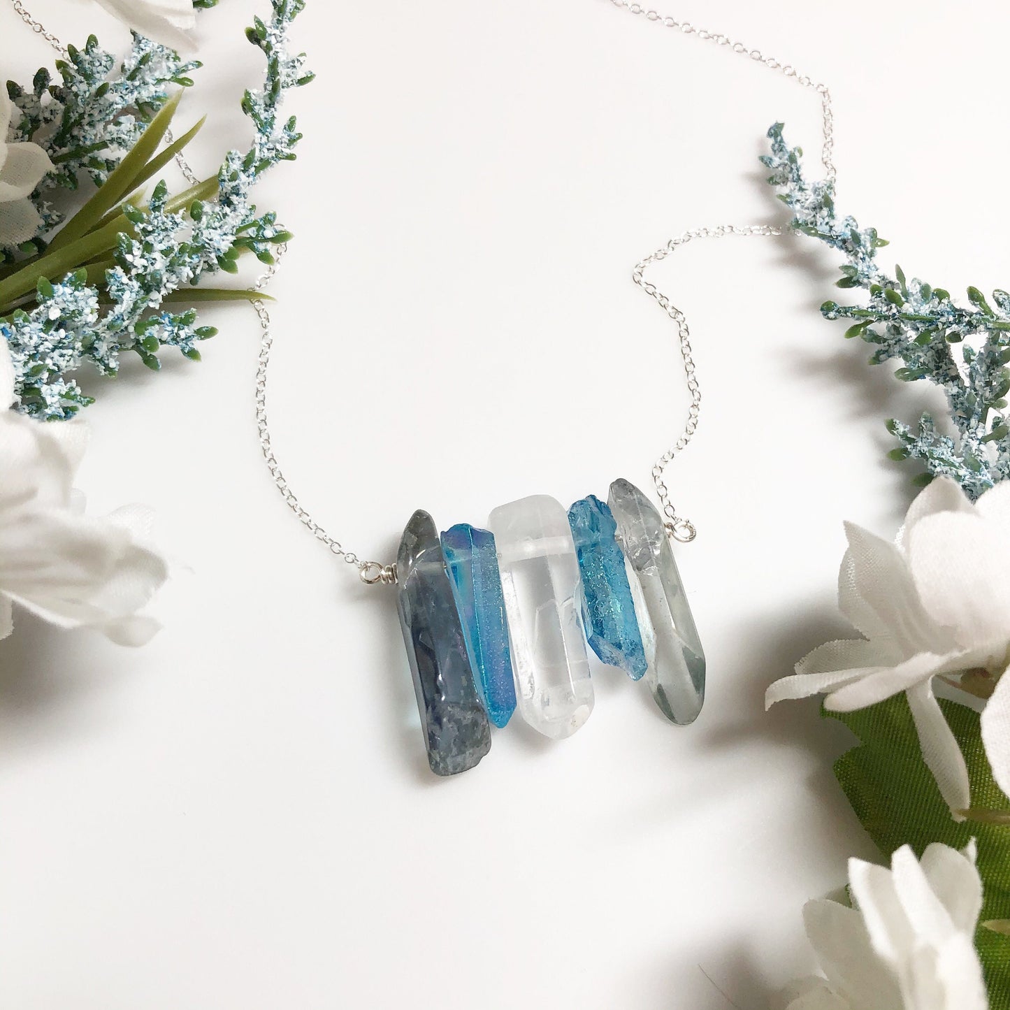 Demi-Boy Pride Flag Crystal Necklace • Grey Blue White Quartz • Solid Sterling Silver Chain • LGBTQ Jewelry • Queer Babe • Enby Transgender