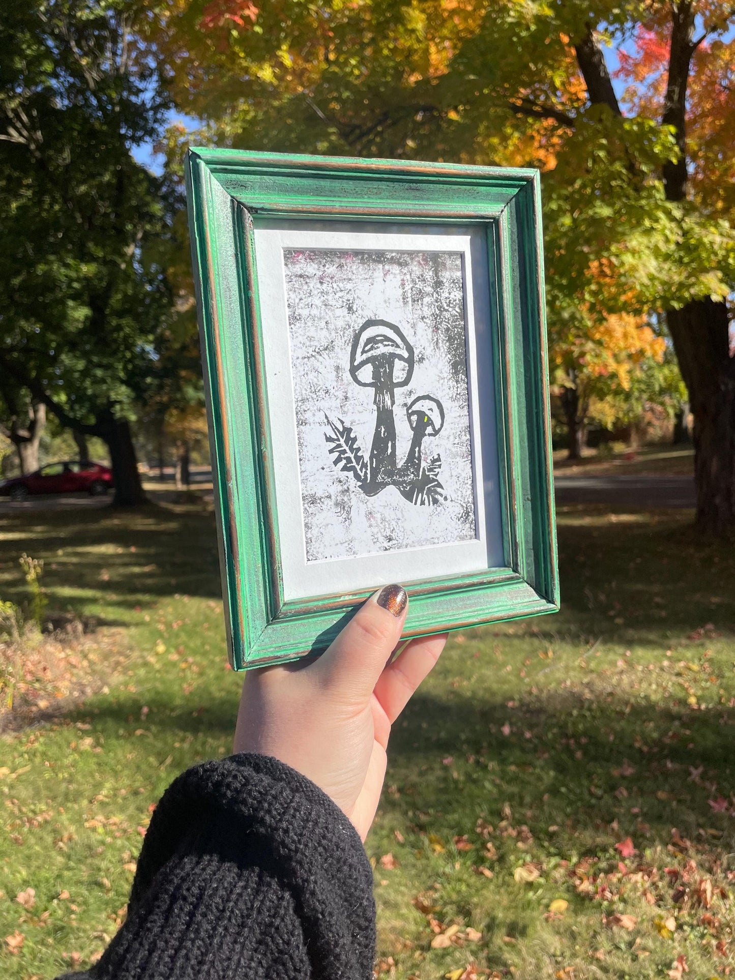 Framed Mushroom Blockprint • Green Upcycled Custom Frame • Fall Mushroom Wall Art • Nature Wall Art