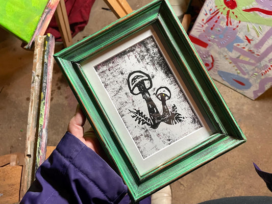Framed Mushroom Blockprint • Green Upcycled Custom Frame • Fall Mushroom Wall Art • Nature Wall Art