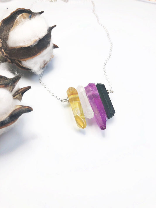 Non-Binary Pride Flag Crystal Necklace • Purple White Yellow Quartz • Solid Sterling Silver Chain • LGBTQ Jewelry • Queer Babe • Transgender
