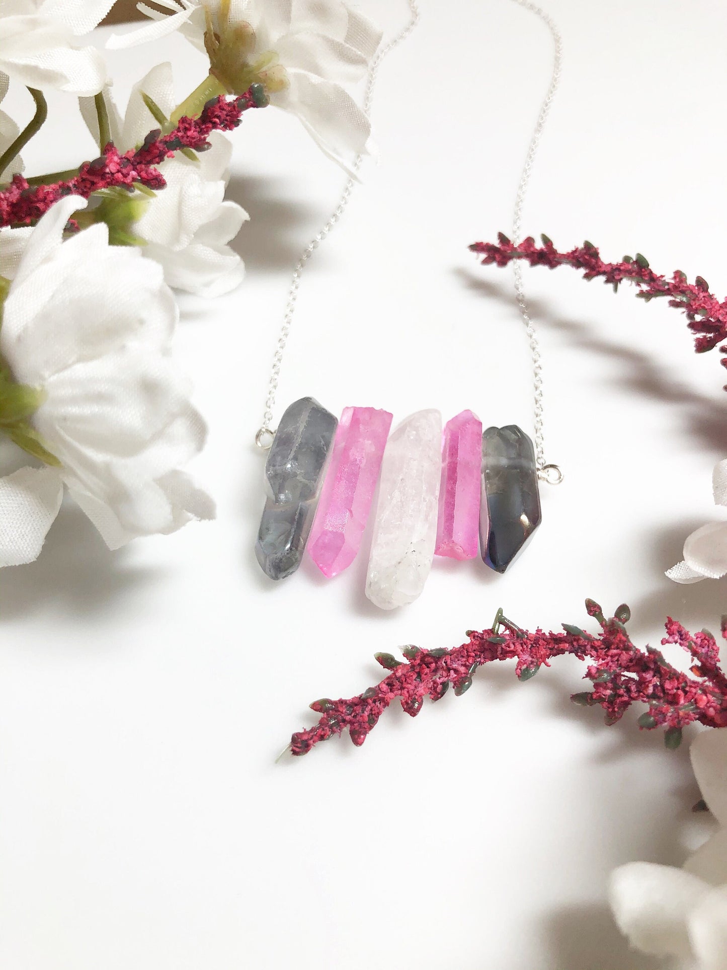 Demi-Girl Pride Flag Crystal Necklace • Grey Blue White Quartz • Solid Sterling Silver Chain • LGBTQ Jewelry • Queer Babe • Enby Transgender
