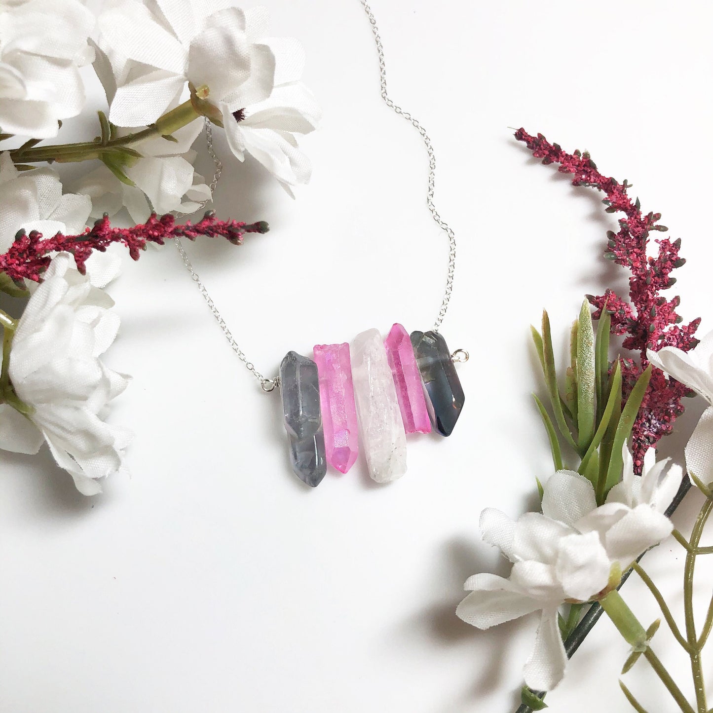 Demi-Girl Pride Flag Crystal Necklace • Grey Blue White Quartz • Solid Sterling Silver Chain • LGBTQ Jewelry • Queer Babe • Enby Transgender