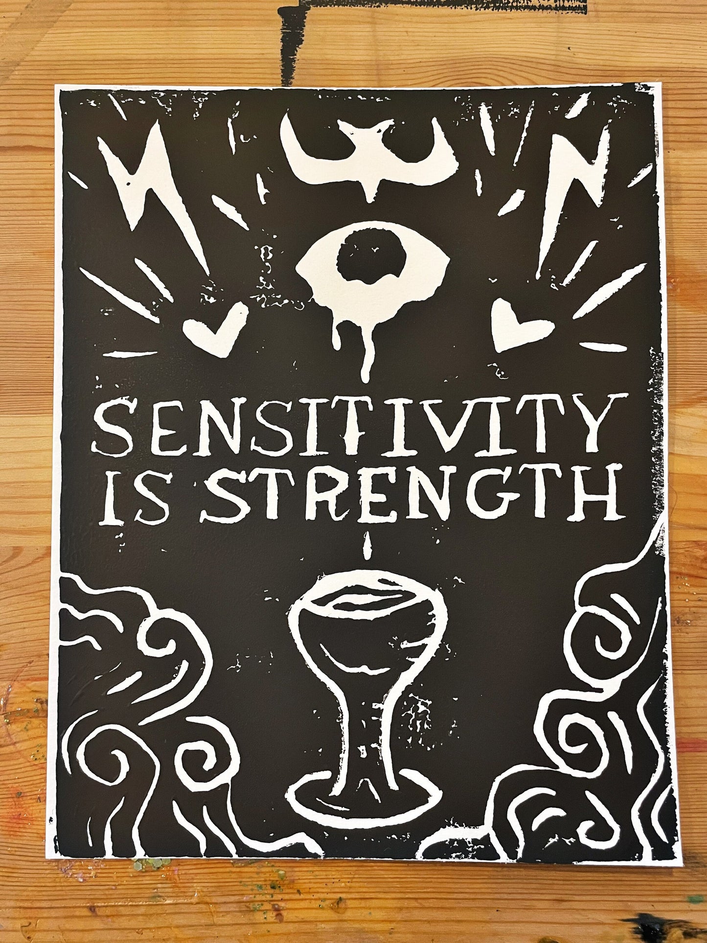 Sensitivity Is Strength Linocut Print • 8x10 Black On White • Ace of Cups Tarot Art • Block Print • Queer Divinity Series