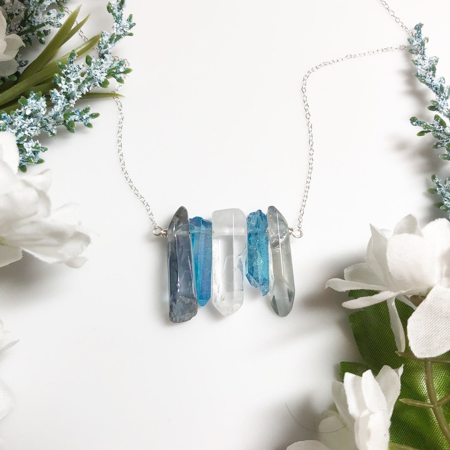 Demi-Boy Pride Flag Crystal Necklace • Grey Blue White Quartz • Solid Sterling Silver Chain • LGBTQ Jewelry • Queer Babe • Enby Transgender
