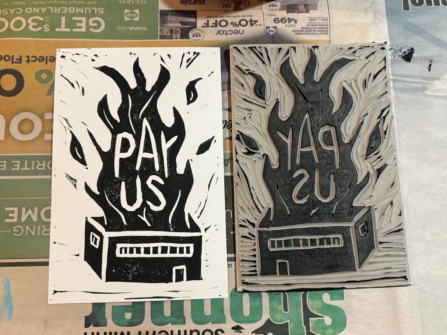 PAY US • Lino Cut Print