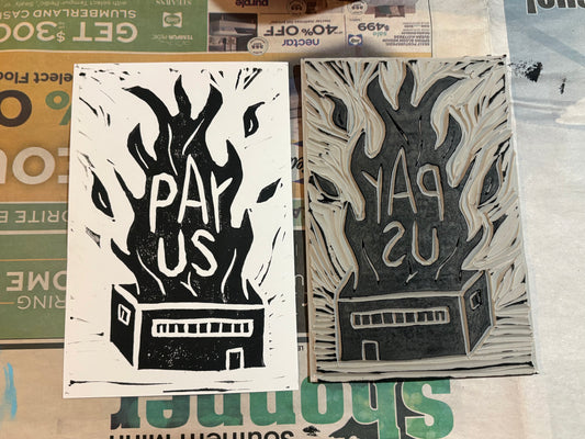 PAY US • Lino Cut Print