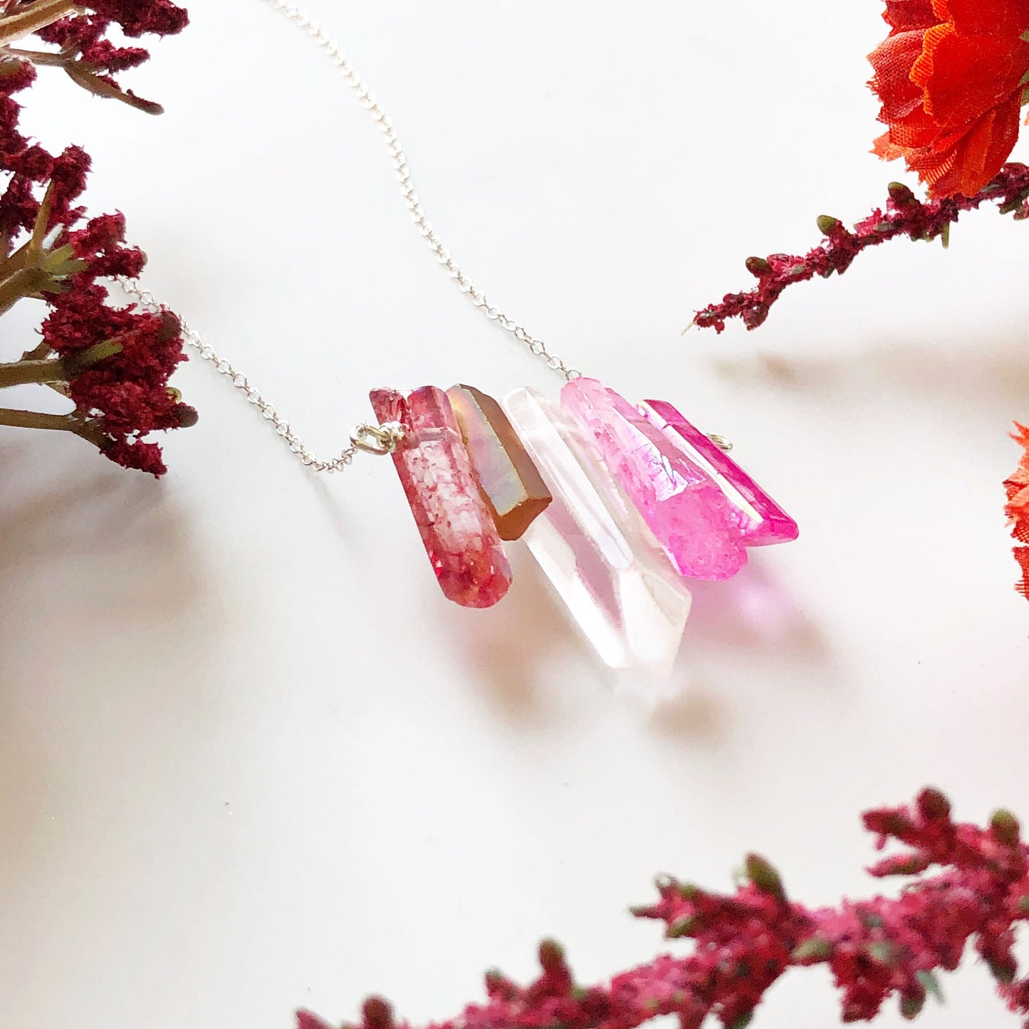 Lesbian Pride Flag Crystal Necklace • Pink Quartz • Solid Sterling Silver Chain • LGBTQ Jewelry • Queer Babe • WLW Jewelry