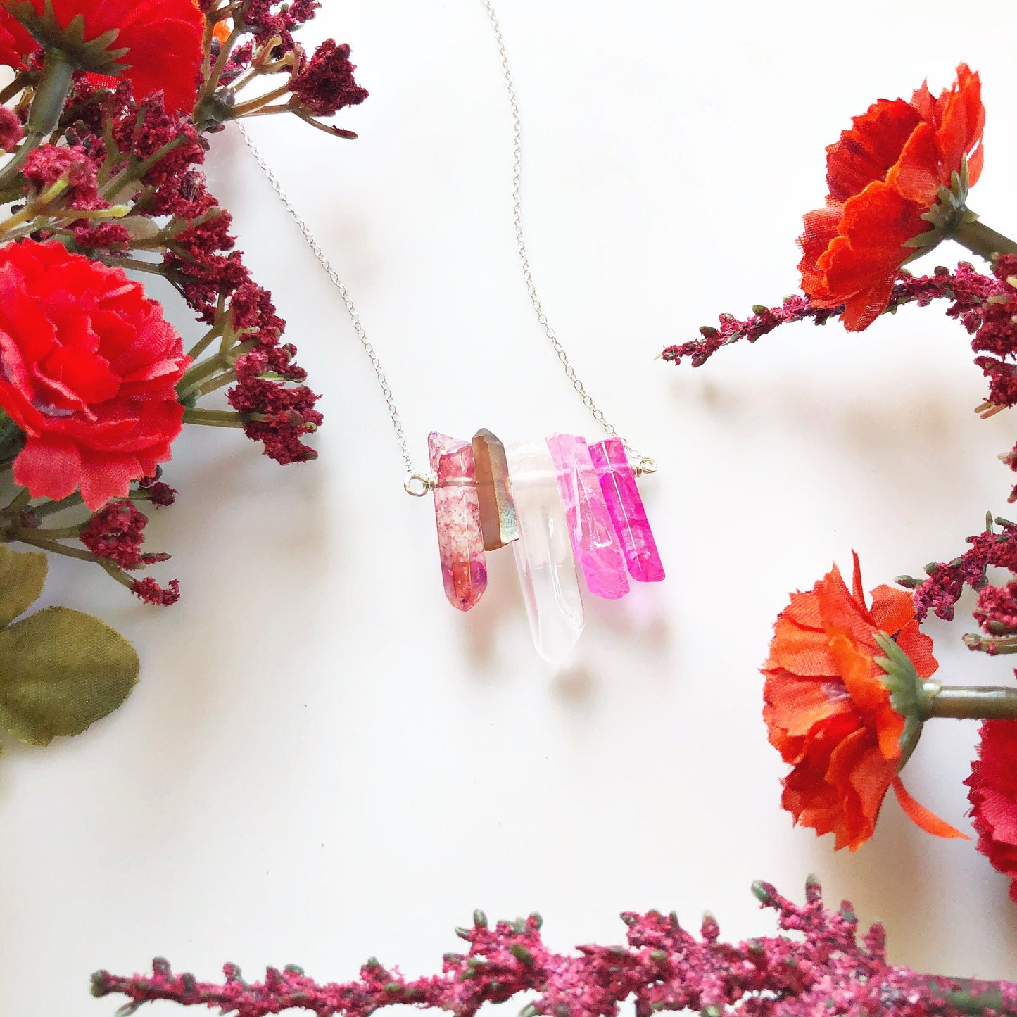 Lesbian Pride Flag Crystal Necklace • Pink Quartz • Solid Sterling Silver Chain • LGBTQ Jewelry • Queer Babe • WLW Jewelry