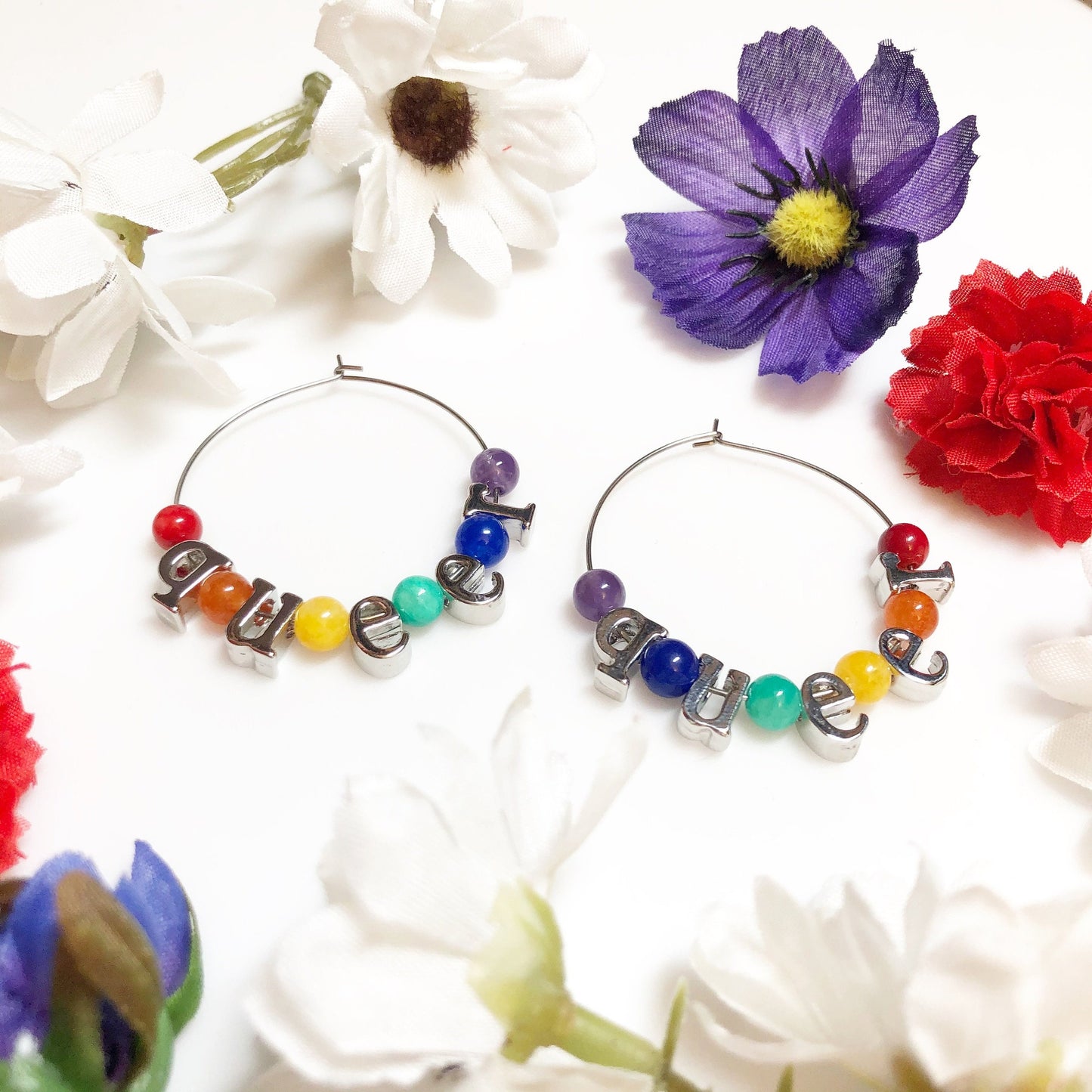 Queer Rainbow Hoop Earrings • Silver Stainless Steel Hoops • Queer Fashion