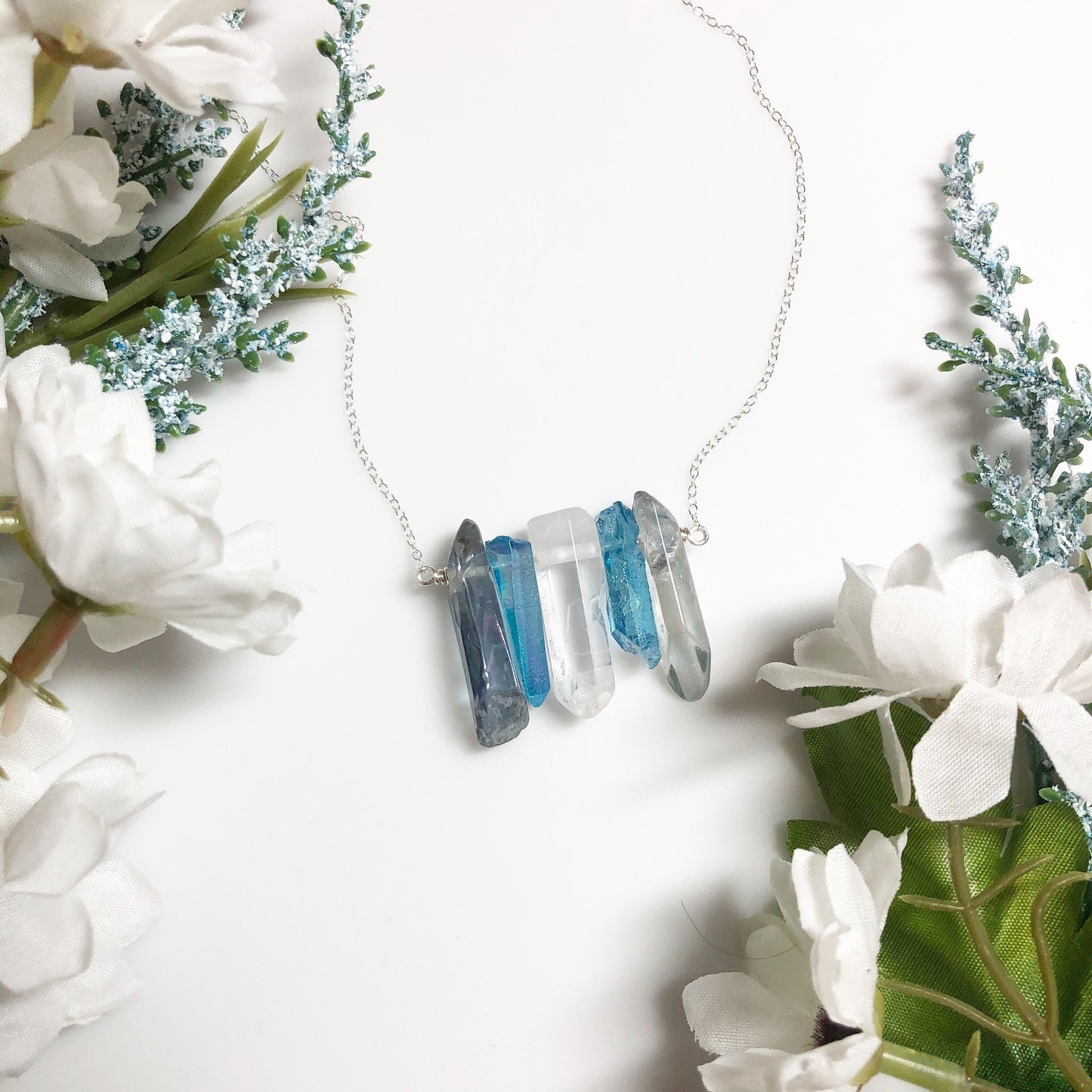 Demi-Boy Pride Flag Crystal Necklace • Grey Blue White Quartz • Solid Sterling Silver Chain • LGBTQ Jewelry • Queer Babe • Enby Transgender