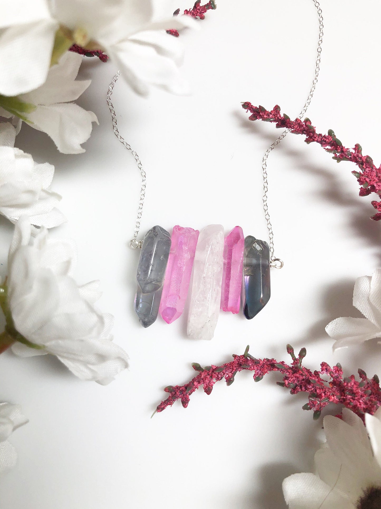 Demi-Girl Pride Flag Crystal Necklace • Grey Blue White Quartz • Solid Sterling Silver Chain • LGBTQ Jewelry • Queer Babe • Enby Transgender