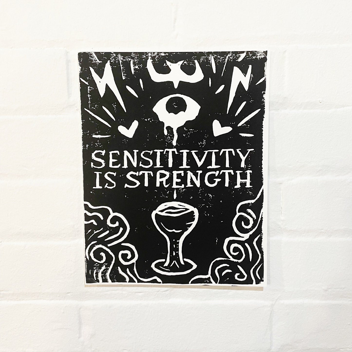 Sensitivity Is Strength Linocut Print • 8x10 Black On White • Ace of Cups Tarot Art • Block Print • Queer Divinity Series