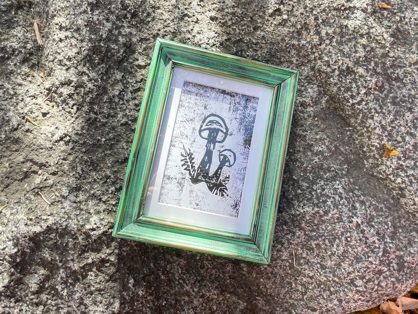 Framed Mushroom Blockprint • Green Upcycled Custom Frame • Fall Mushroom Wall Art • Nature Wall Art