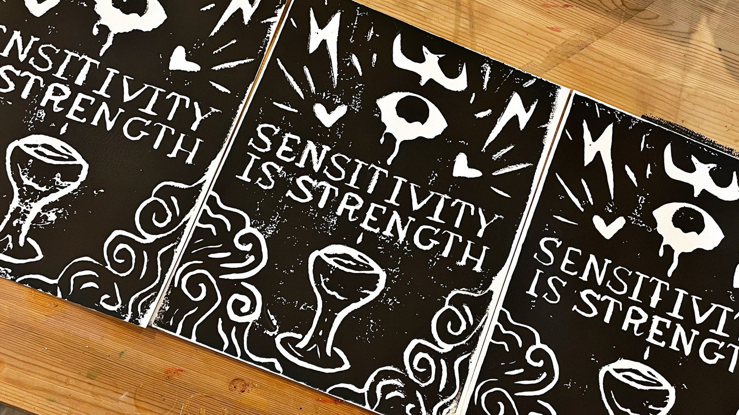 Sensitivity Is Strength Linocut Print • 8x10 Black On White • Ace of Cups Tarot Art • Block Print • Queer Divinity Series