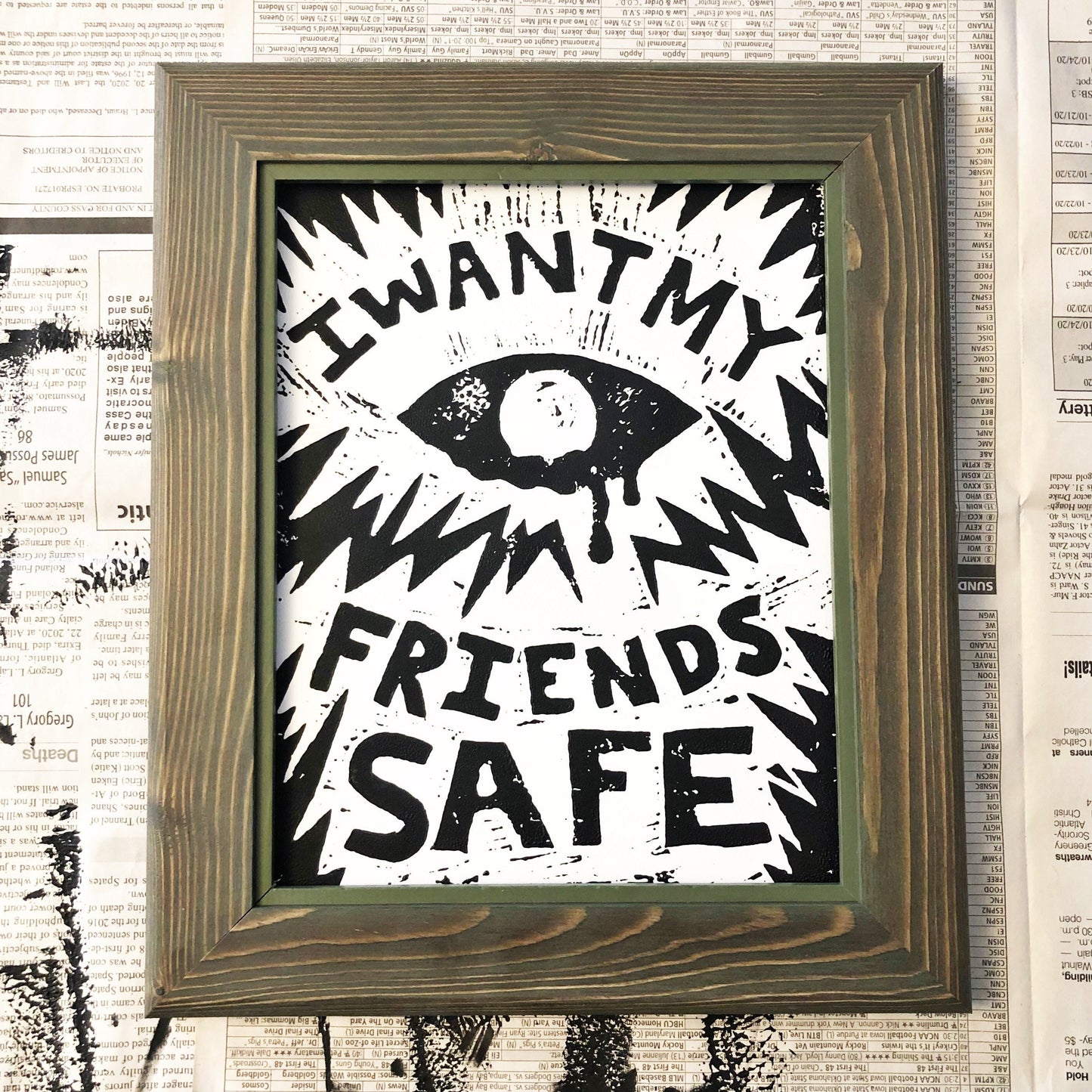 I Want My Friends Safe Linocut Print • 8x10 Black On White • Queer Art Print • Queer Divinity Series
